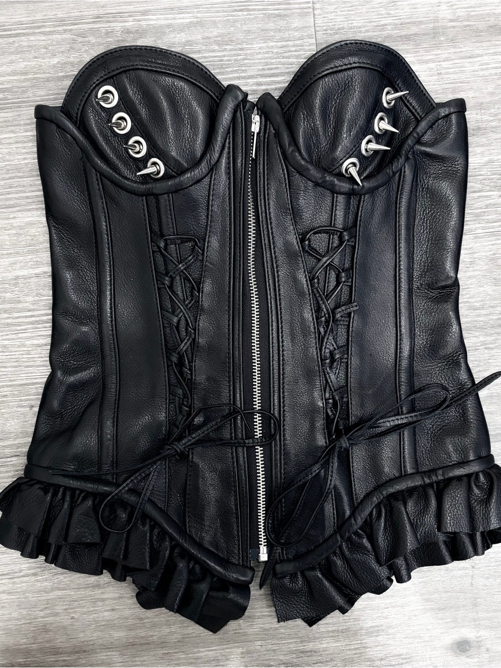 Ginzi black genuine leather spiked ruffled laced corset